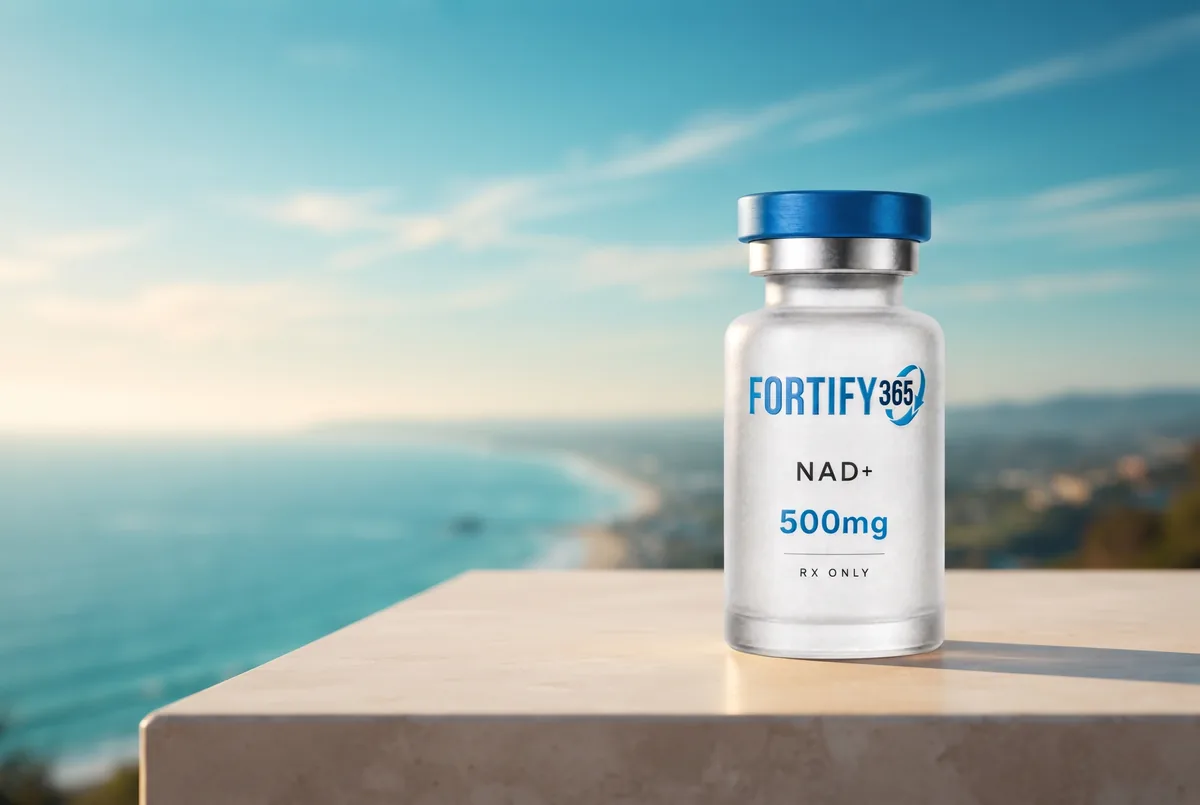 Fortify 365 NAD+ vial overlooking a turquoise coastline