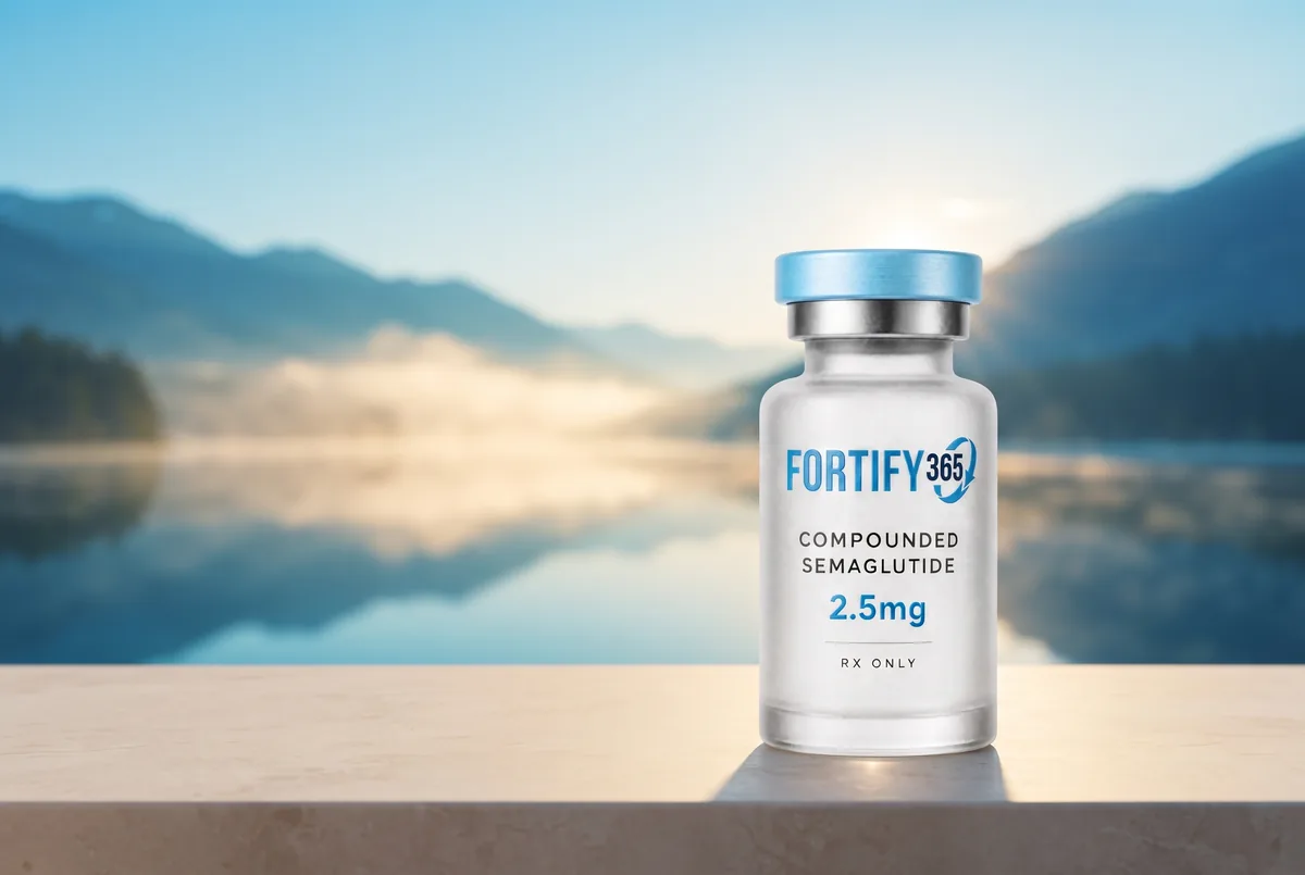 Fortify 365 Compounded Semaglutide vial by a still alpine lake