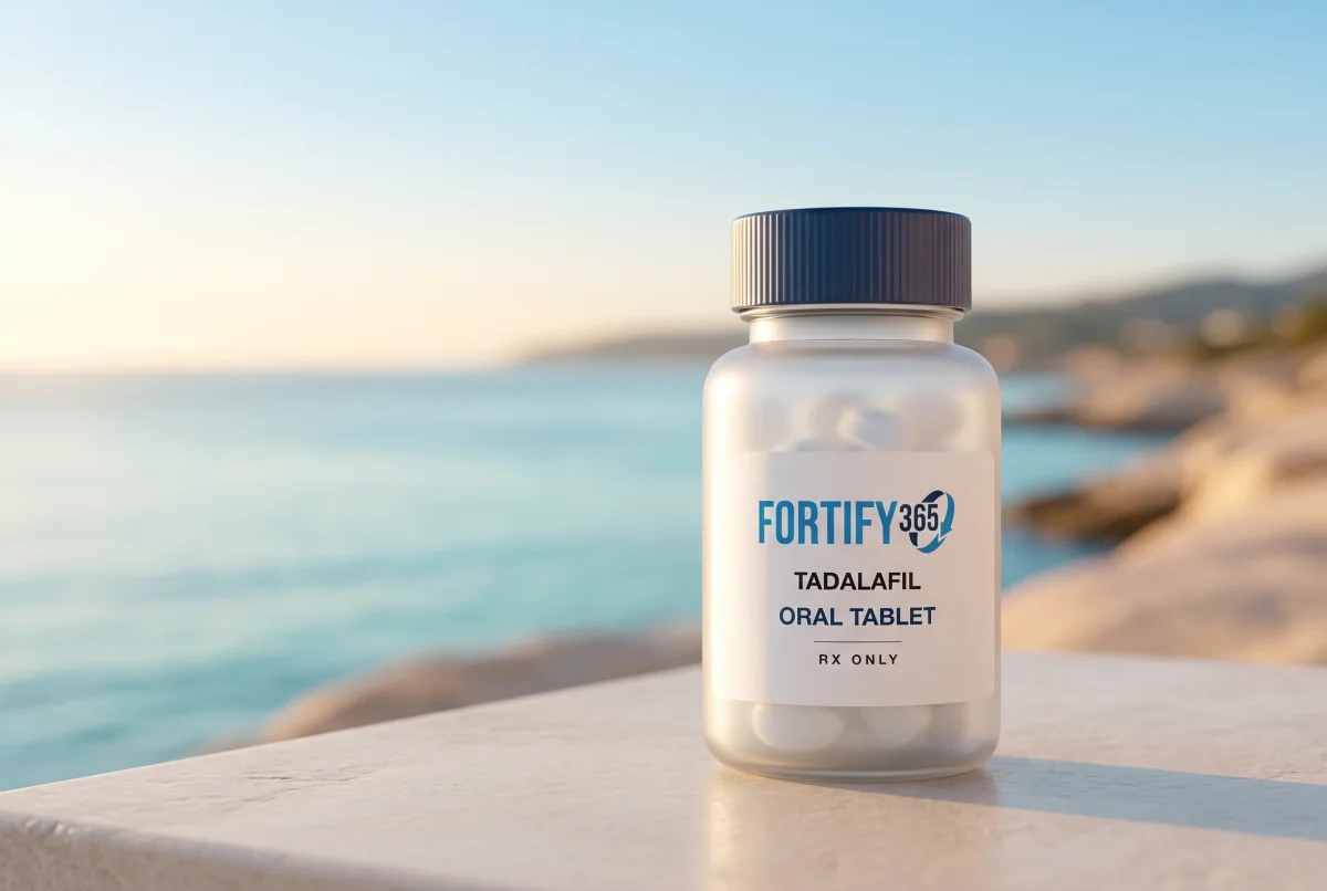 Fortify 365 Tadalafil bottle on a stone ledge above a calm coastline at dusk